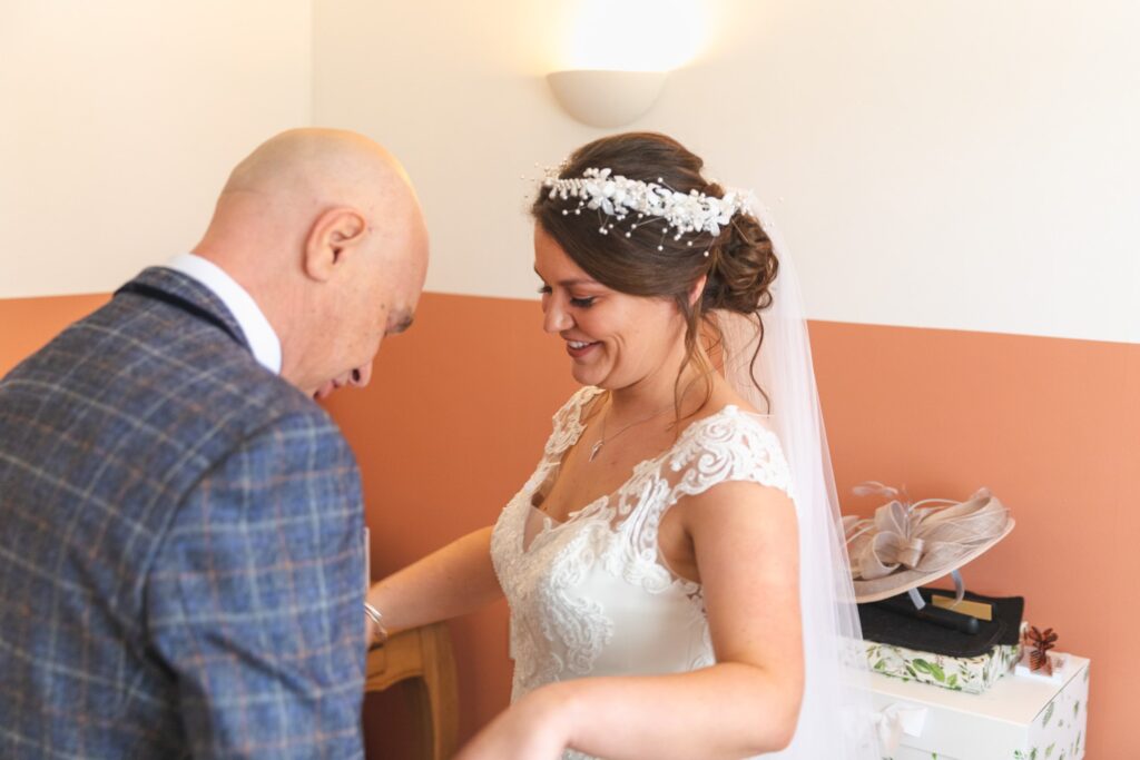 smiling bride and father of bride bridal prep sowerby bridge marriage oxfordshire wedding photography