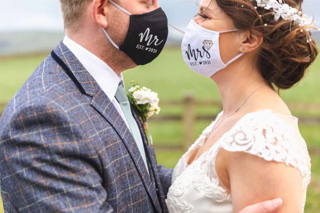 bride groom wear mr mrs covid face masks west yorkshire wedding oxfordshire wedding photographers