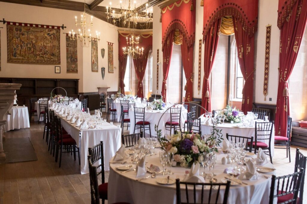 002 table arrangements great hall peckforton castle cheshire oxford wedding photography