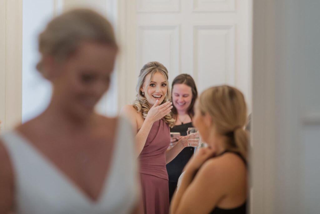 bridesmaids first look brides dress holdenby northamptonshire oxfordshire wedding photography