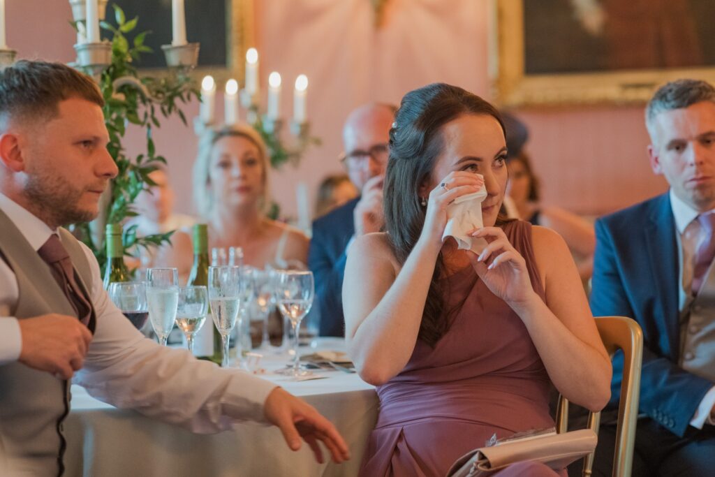 tearful bridesmaid hears wedding breakfast speech holdenby northamptonshire oxfordshire wedding photographer