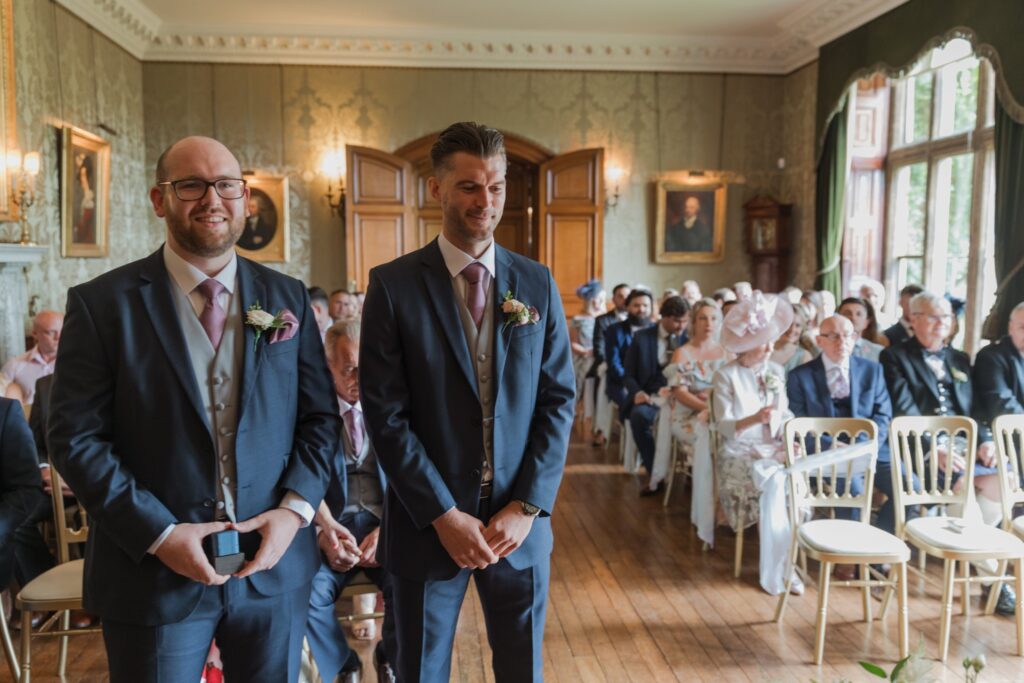 groom bestman await brides arrival marriage ceremony holdenby northamptonshire oxfordshire wedding photography