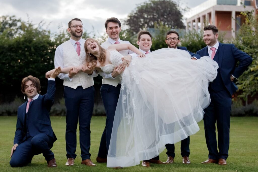 118 groom groomsmen lift bride callow end gardens worcester oxfordshire wedding photographers