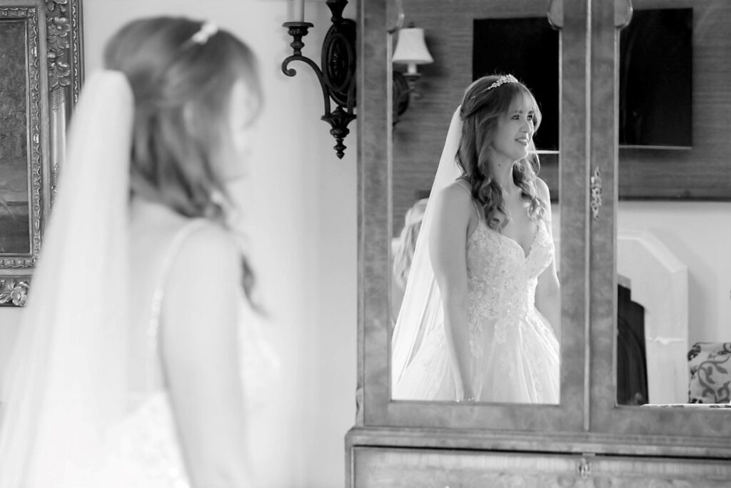 31 brides wedding dress mirror reflection bridal prep stanbrook abbey worcestershire oxford wedding photography