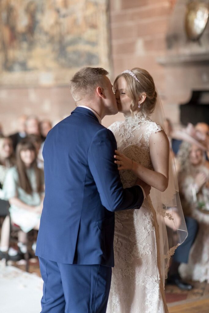 74 bride grooms first kiss marriage ceremony tarporley cheshire oxford wedding photographers
