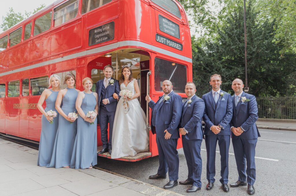 79 bridesmaids groomsmen bride groom red double decker bus russell square london oxford wedding photographers
