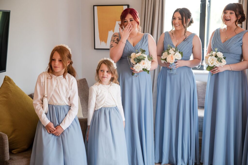 45 emotional bridesmaids first look brides gown ihg hotel sandford oxford oxfordshire wedding photography