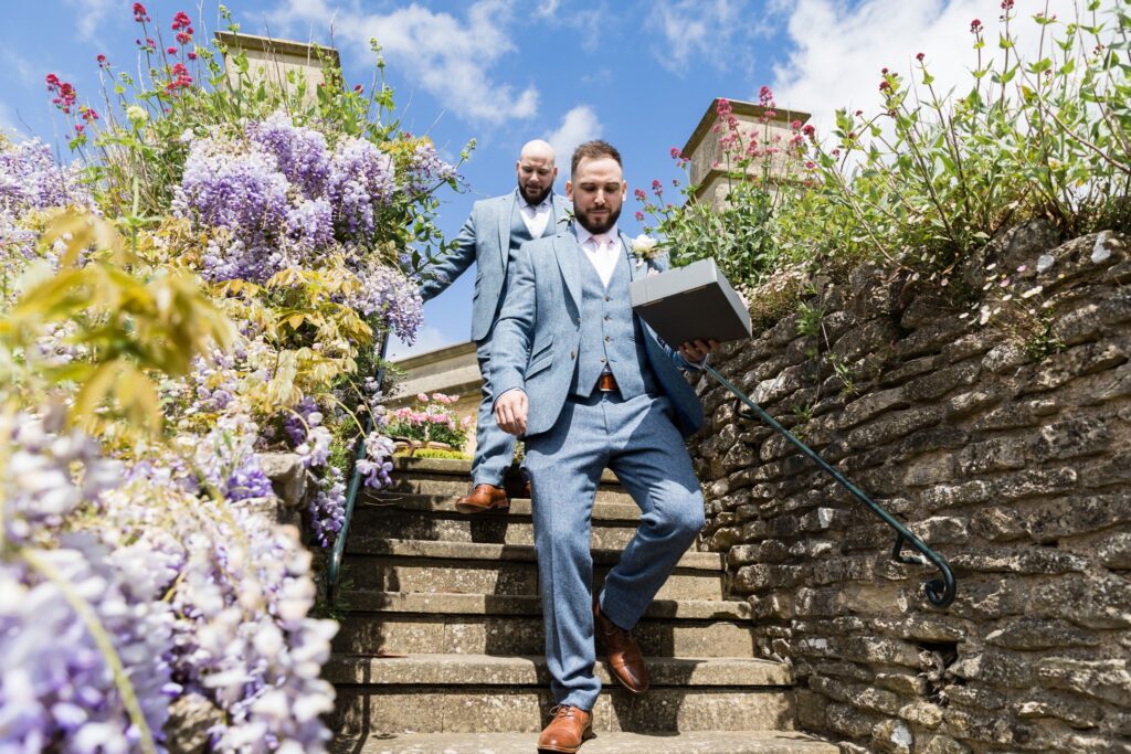 36 groom bestman descend euridge manor garden steps chippenham wiltshire oxford wedding photographers