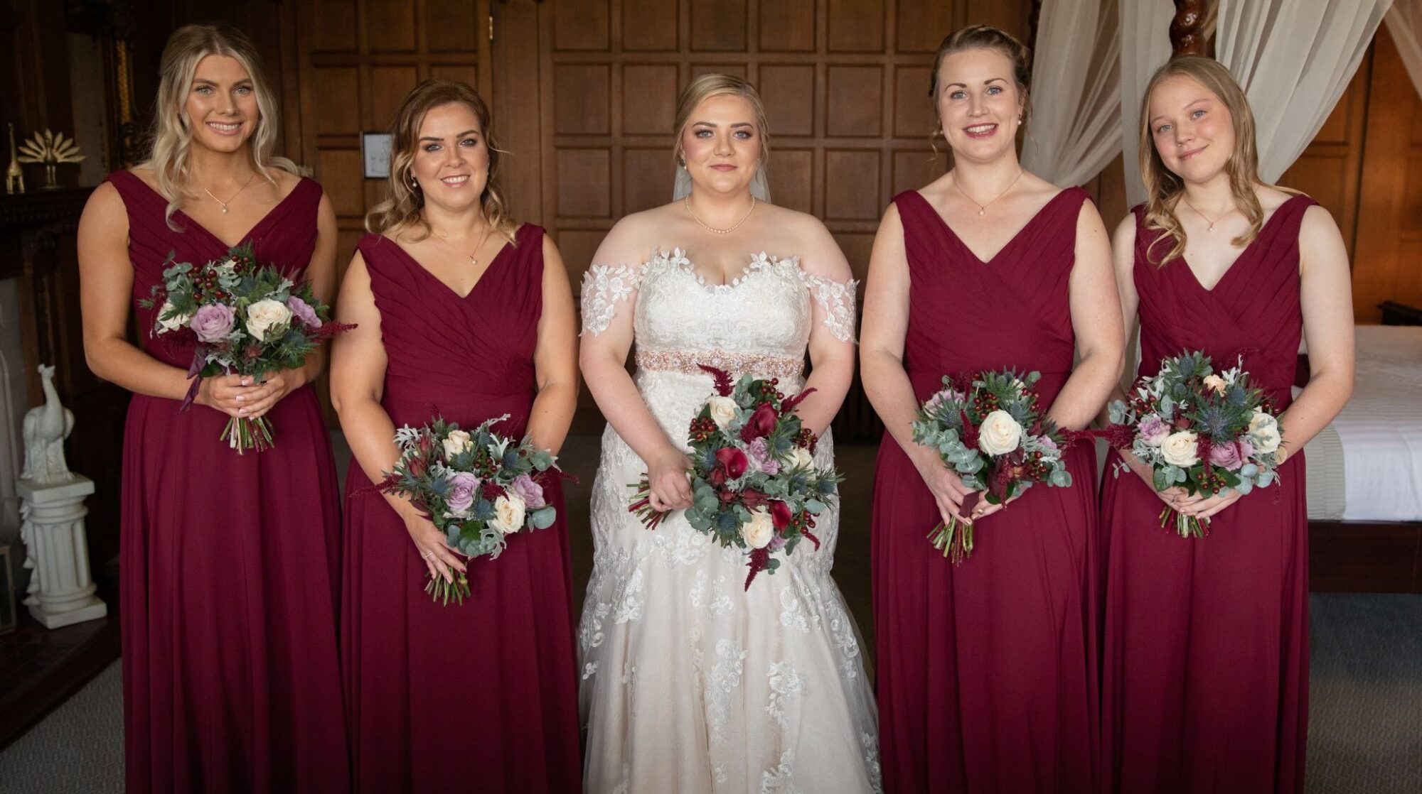 01 bride bridesmaids hold bouquets rushpool hall saltburn-by-the-sea oxford wedding photographer