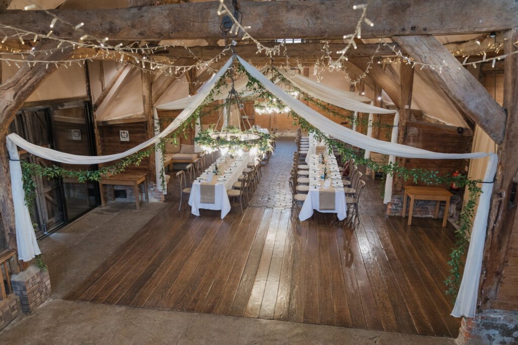 02 decorated reception hall lains barn ardington oxfordshire oxford wedding photographers