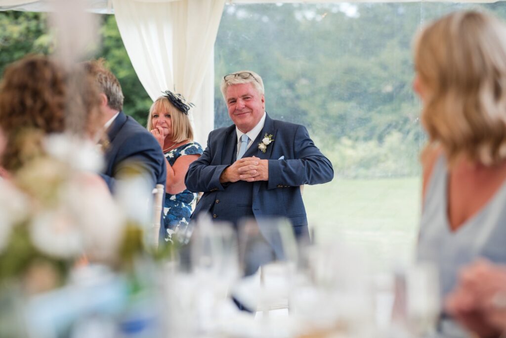 92 father hears grooms speech marquee reception wantage oxfordshire oxford wedding photographers