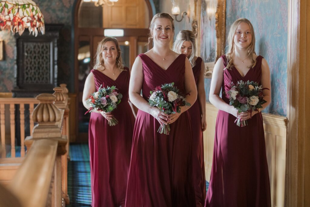 033 bridesmaids carry bouquets rushpool hall saltburn north yorkshire oxford wedding photography