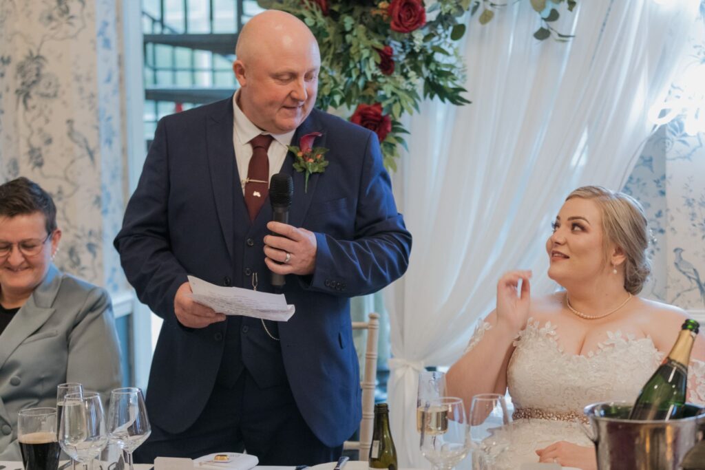 058 bride hears fathers speech rushpool hall reception saltburn north yorkshire oxford wedding photographers
